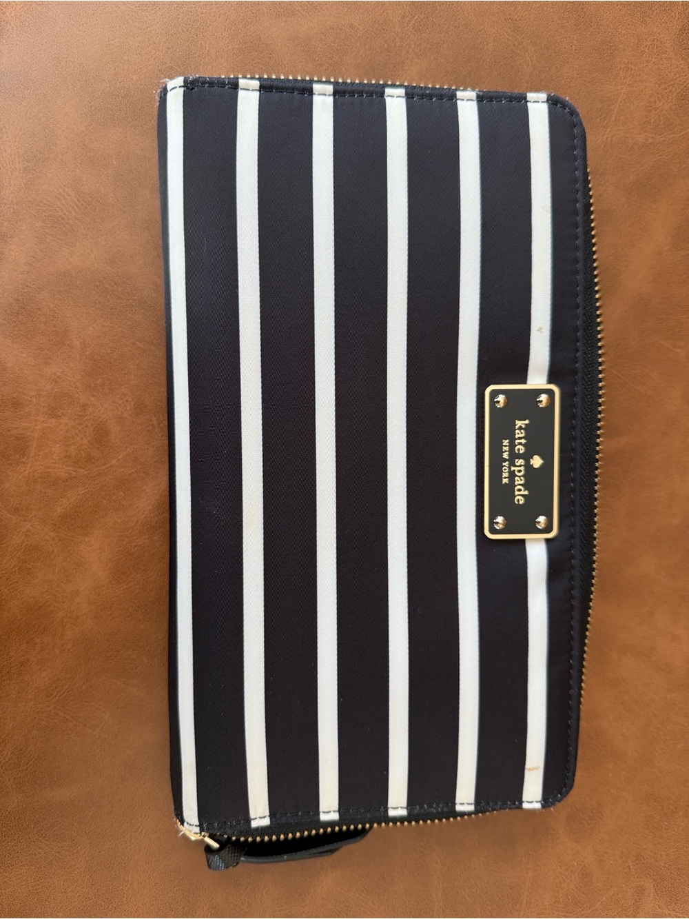 kate spade large  Black and White Striped Zip Wallet organizer with Gold Plaque